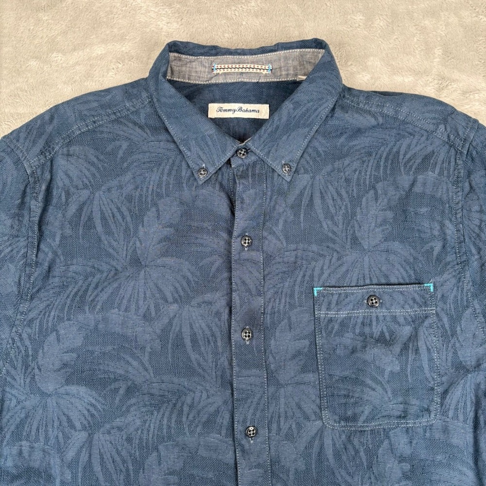 Tommy Bahama Mens Large Blue Palm Tree Print Button Up‎ Shirt Tropical Resort - Picture 2 of 15
